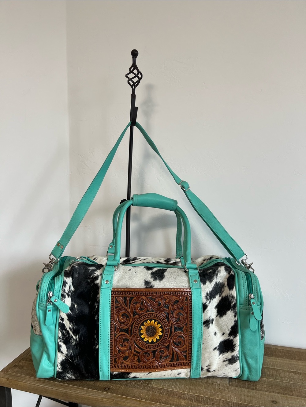 Myra Cowhide Leather Weekender Duffel Bag Western Travel Tote Tooled Floral XL
